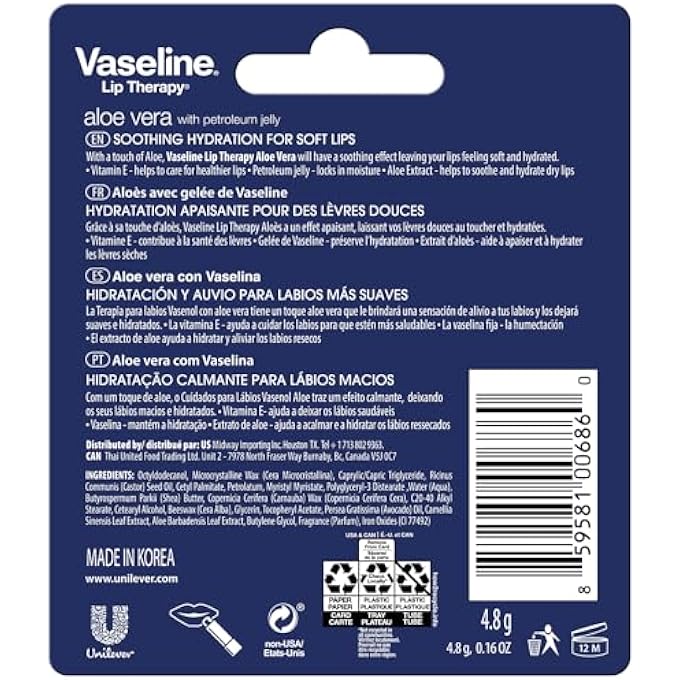 Vaseline LIP THERAPY CARE ALOE FRESH, FAST-ACTING NOURISHMENT, IDEAL FOR CHAPPED, DRY, CRACKED, OR DAMAGED LIPS, LIP BALM, 4-PACK, 0.16 OZ EACH - Image 2